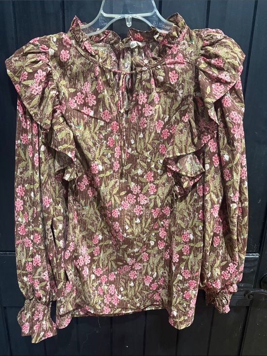 entro Tops - entro Floral Ruffle Tie-Neck Blouse in Brown & Pink